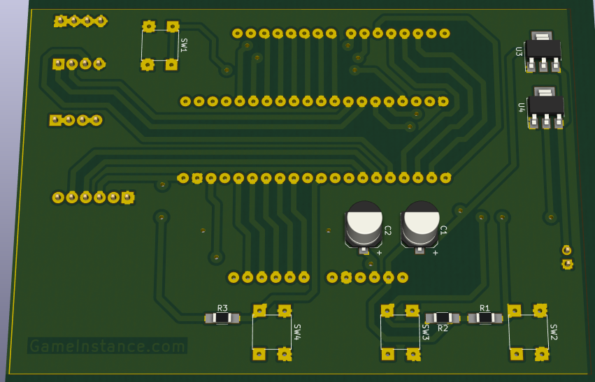 PCB design - a 3D view as rendered by KiCAD's Pcbnew