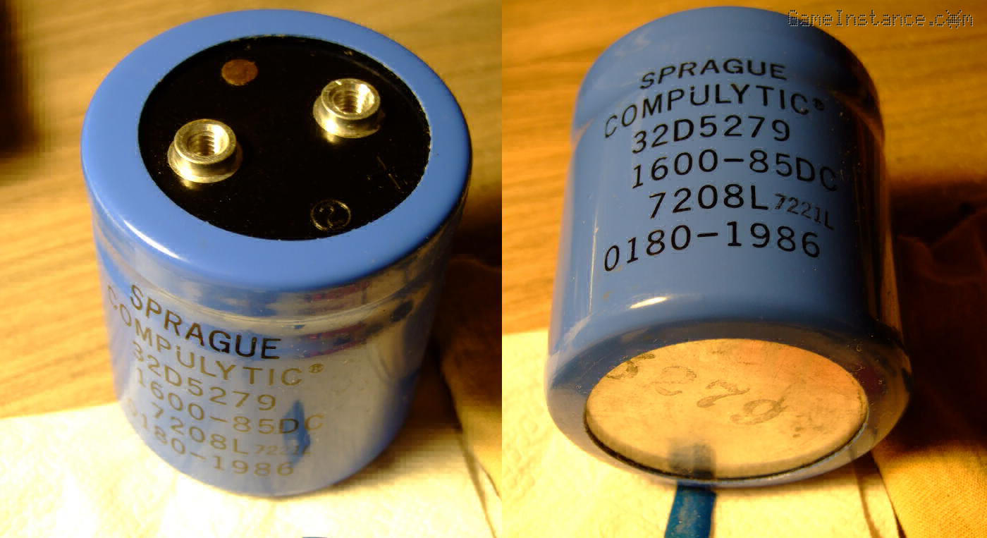 HP 6289A's main capacitor: a Sprague with a safety pressure release valve.