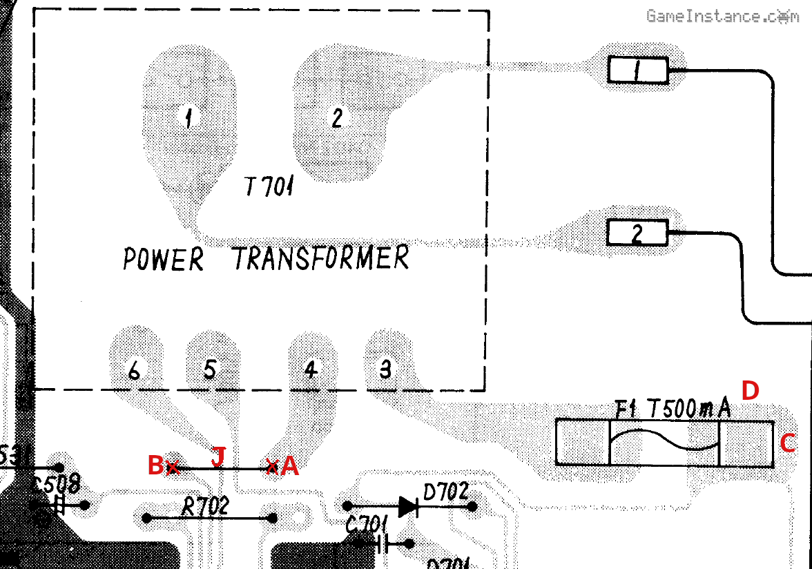 ST-S505 power transformer secondary; J removed; for tuner operation: A and B are connected, also C and D