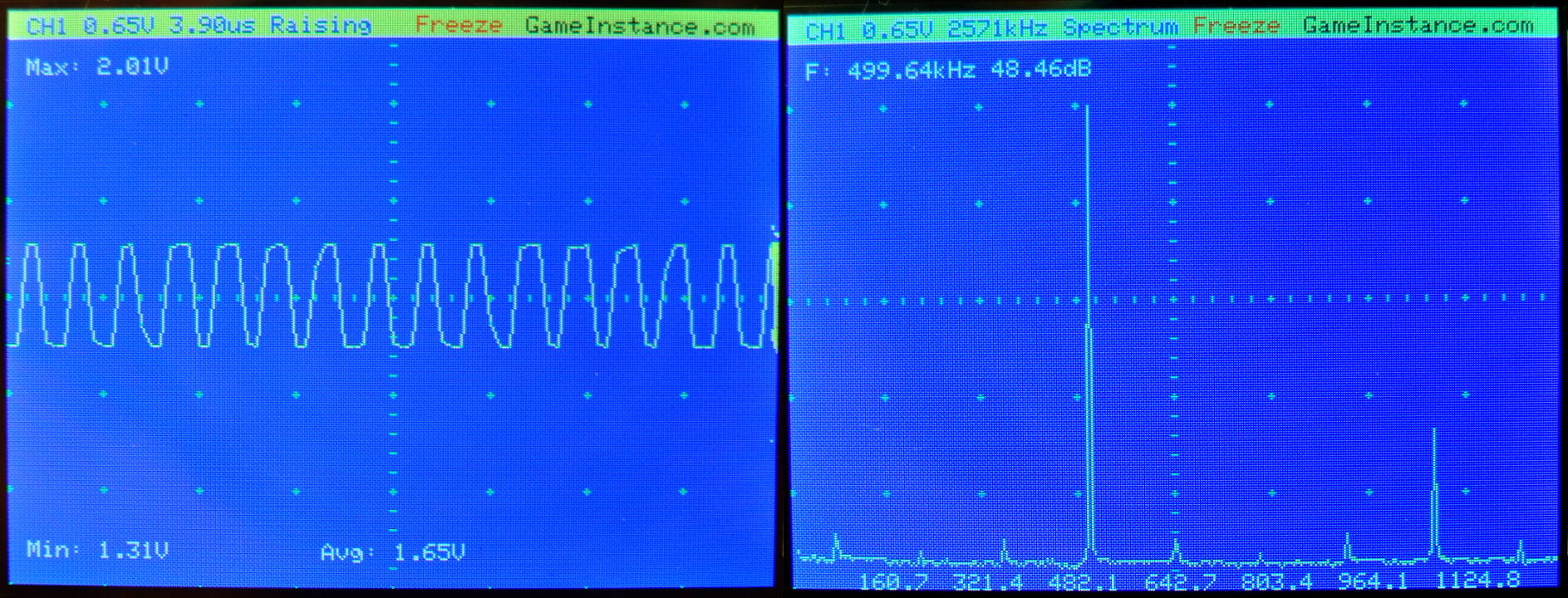 STM32 Oscilloscope - Representation of a 500 kHz square signal 50% duty cycle. 