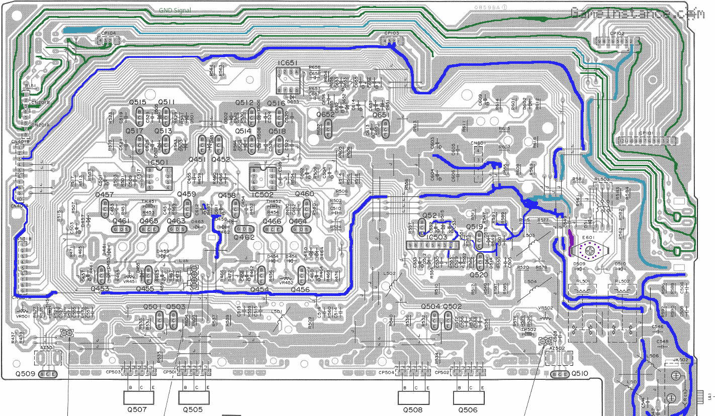 Technics SU-VX920 - main PCB grounding layout (dark green: signal GND, blue: electric GND, magenta: chassis GND)