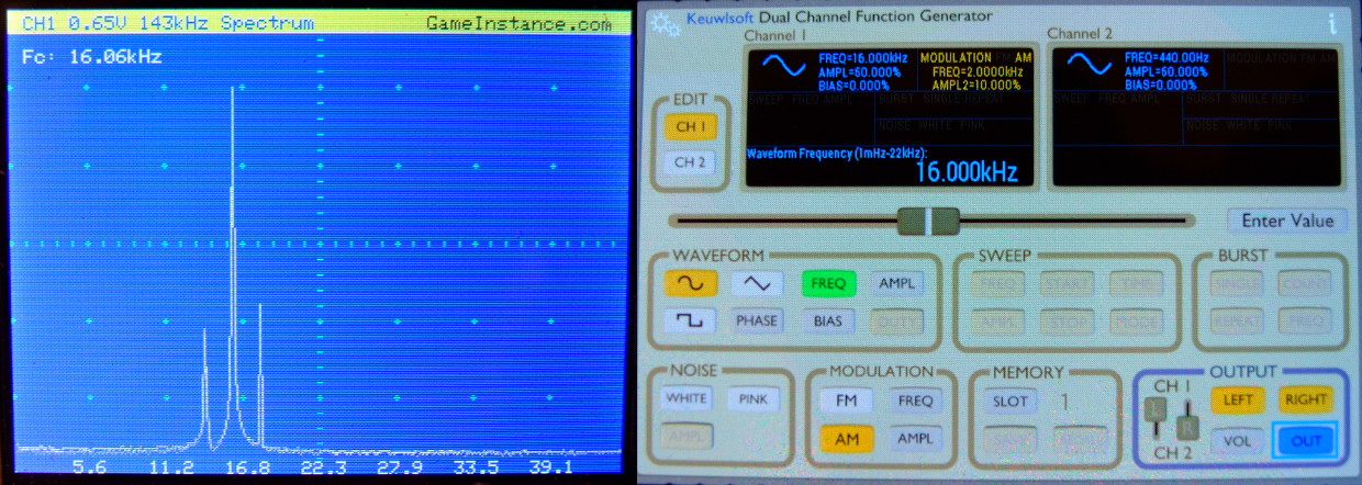 STM32 Oscilloscope - FFT spectrum representation for a test AM signal