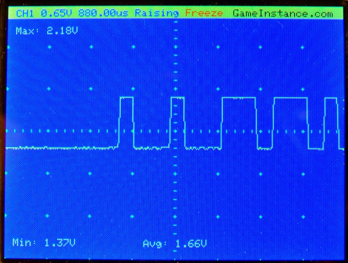 STM32 O-scope capture indicating the end of a sync section followed by the beginning of signal code: 00110...
