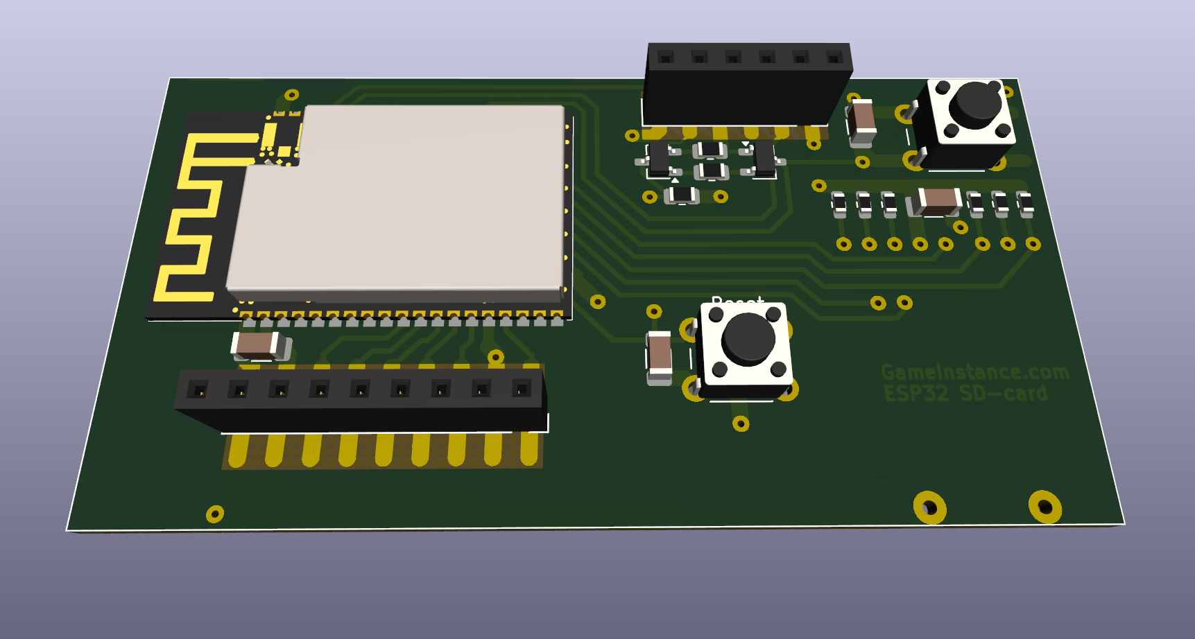 Logic board: ESP32, micro-SD card socket, serial port with reset + boot capabilities.