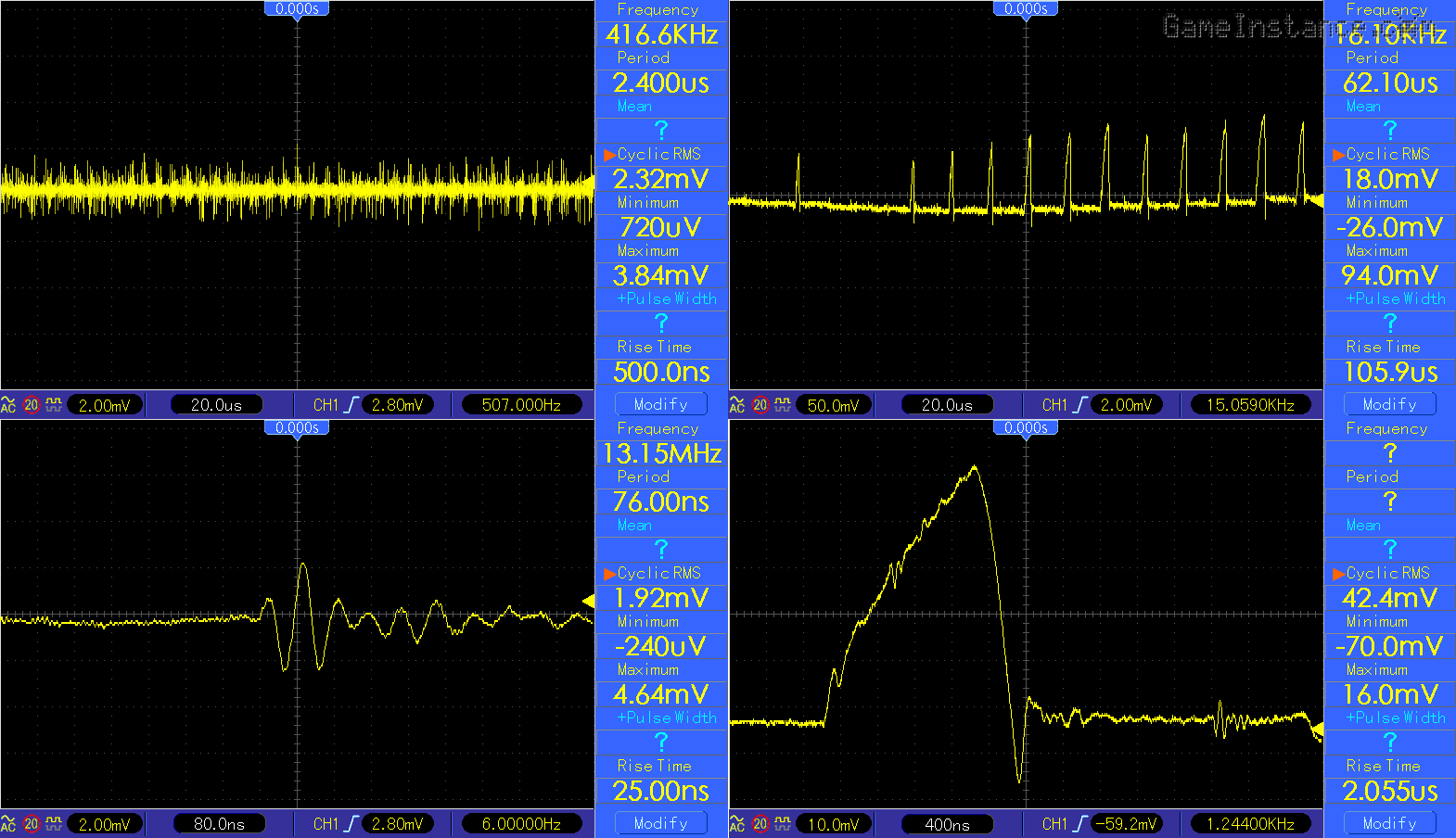 Power supply ripple-noise - left: rectified-filtered grid transformer, right: switched-mode