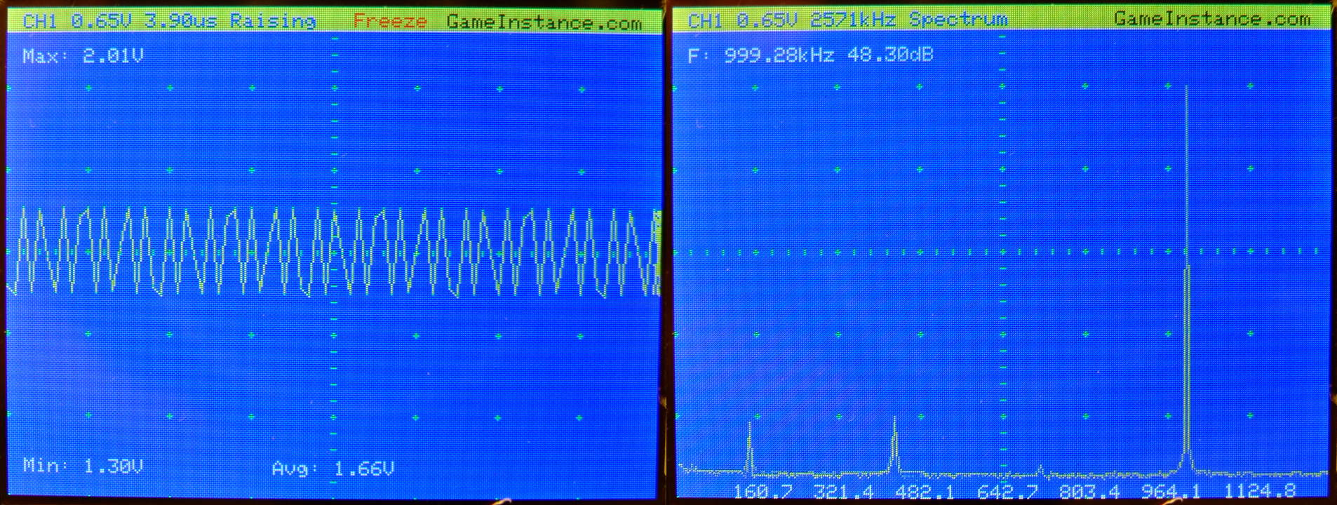 STM32 Oscilloscope - Representation of a 1 MHz square signal 50% duty cycle. 