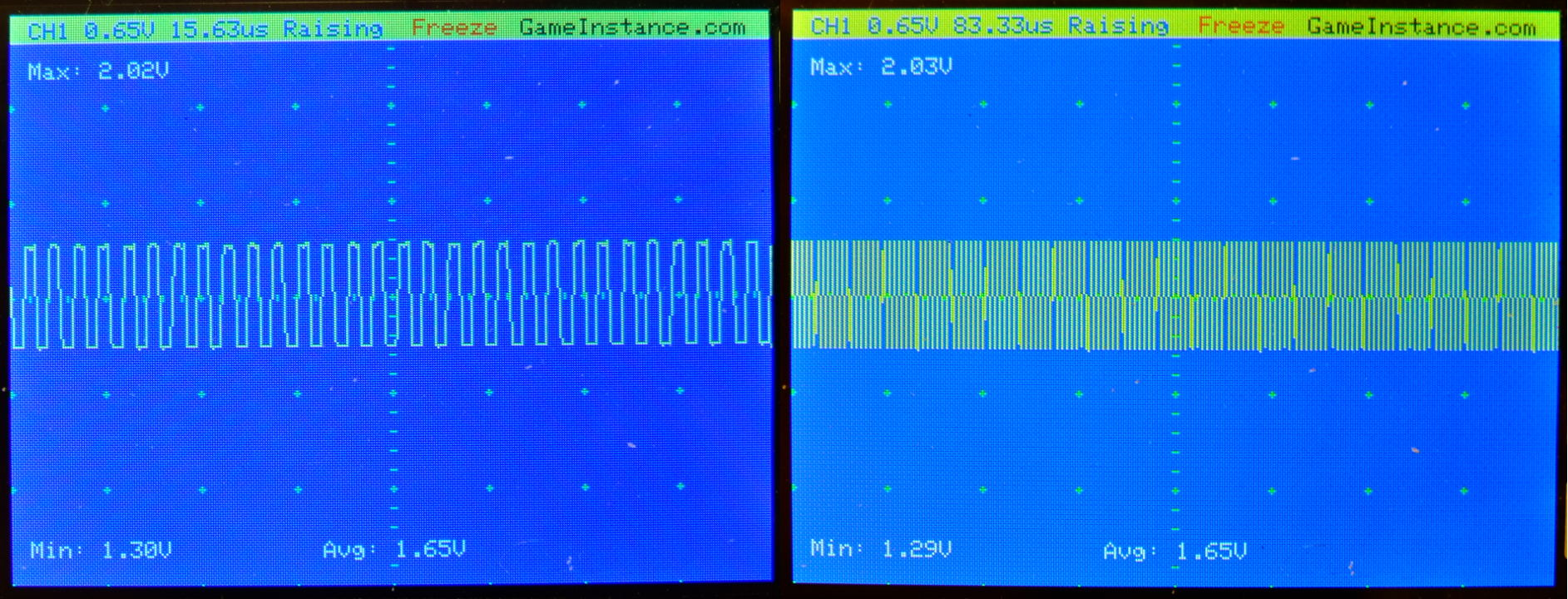 STM32 Oscilloscope - 250 kHz square signal 50% duty cycle. A 20 mV error was observed at different sampling rates. Left - sampled at 2.57 MSPS. Right - sampled at 529 kSPS.